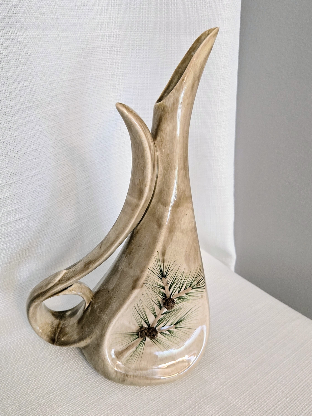 Vtg Gladys Wax Pottery Vase Handled Pine Cones 60s Mid Century Nature